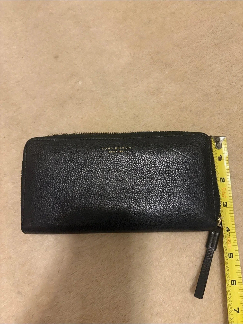 Tory Burch Black Pebbled Leather Zip Wristlet with Gold Logo